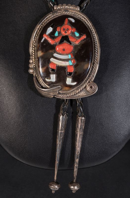 A ZUNI SEMI PRECIOUS BOLO TIE WITH KACHINA