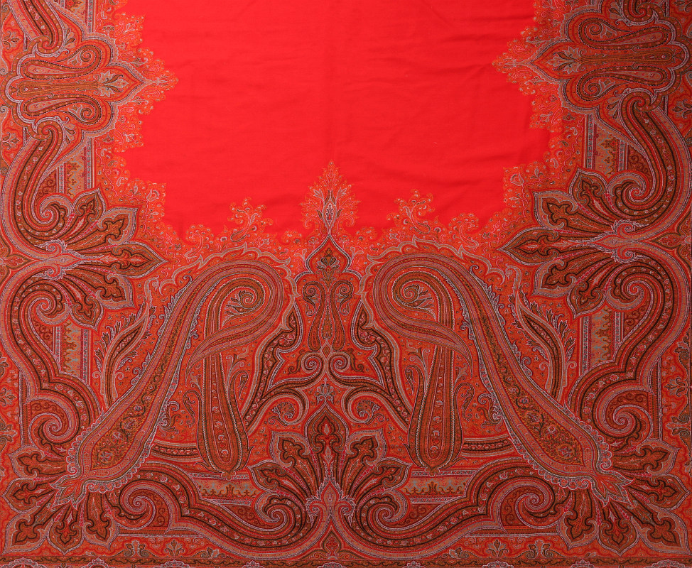 A LARGE FINE RED PAISLEY PIANO SCARF OR SHAWL