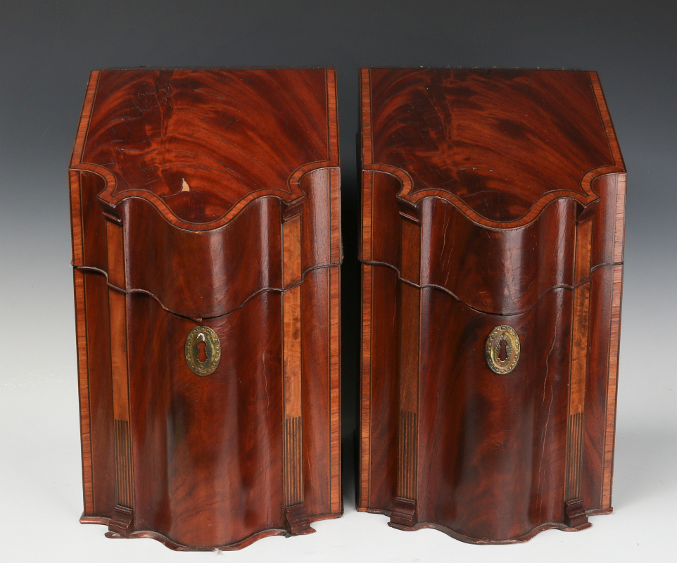 A PAIR CIRCA 1800 HEPPLEWHITE MAHOGANY KNIFE BOXES