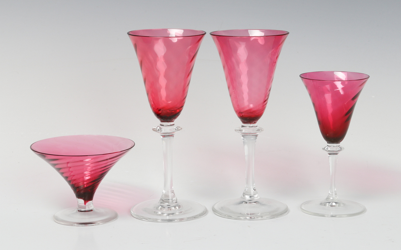 FOUR STEUBEN CRANBERRY OPTIC SWIRL STEMS