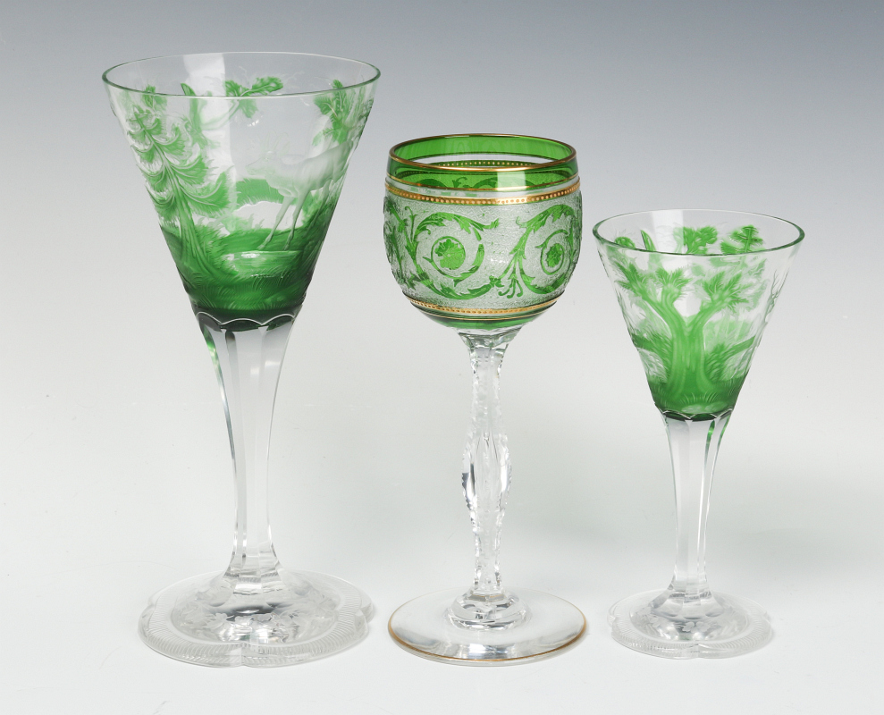 THREE UNUSUAL CONTINENTAL ART GLASS WINE GOBLETS