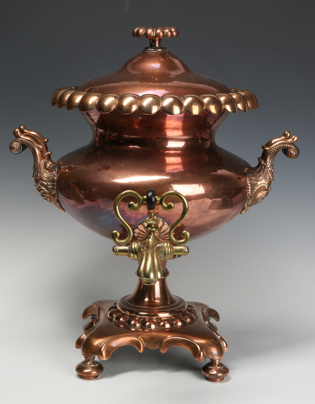 A REGENCY PERIOD COPPER AND BRASS SAMOVAR URN