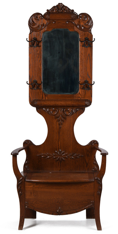 A CIRCA 1890 AMERICAN OAK HALL SEAT WITH MIRROR