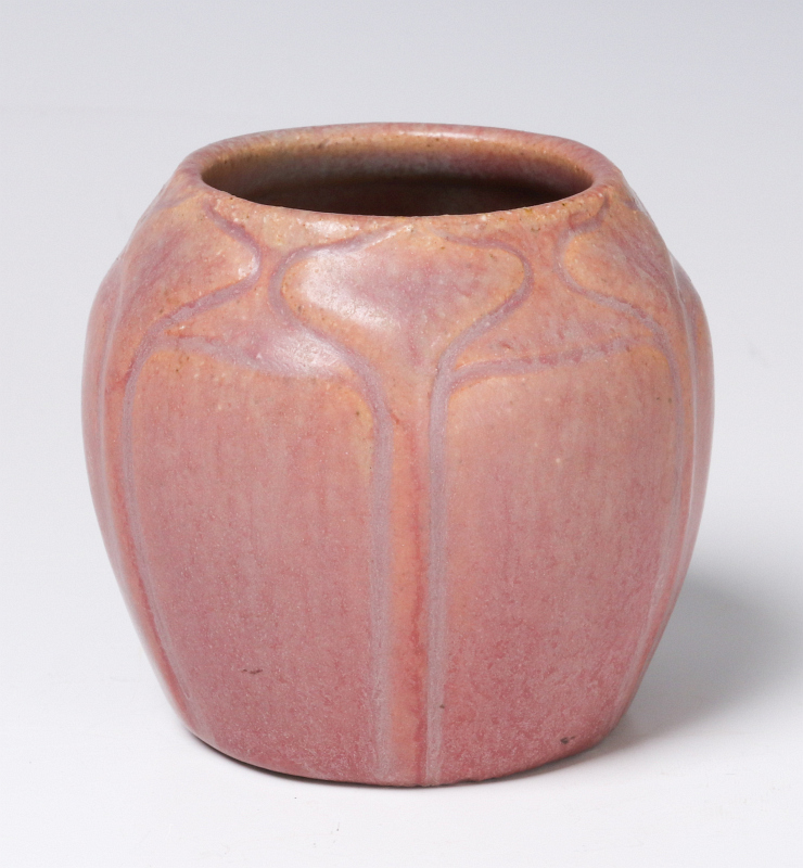 EARLY VAN BRIGGLE CABINET VASE, UNUSUAL PINK GLAZE