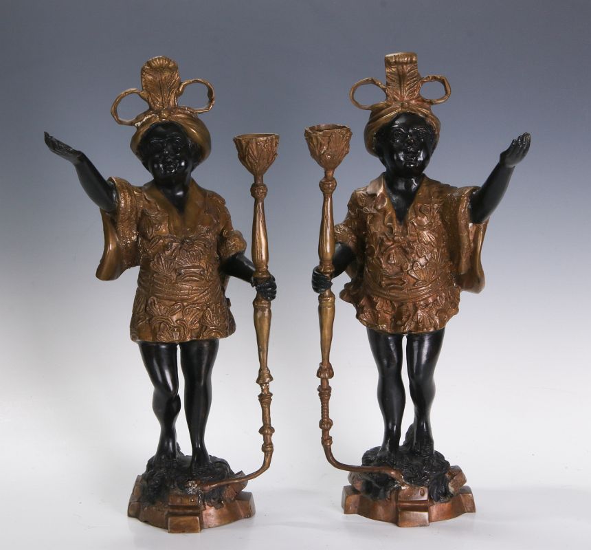 A LATE 20TH C PAIR BRONZE PUTTO BLACKAMOOR FIGURES