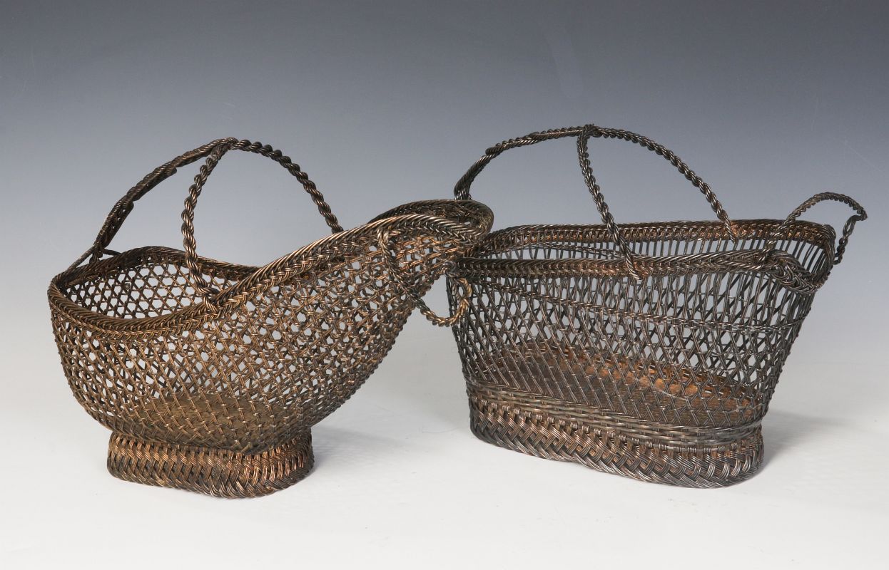 TWO VINTAGE WOVEN WIRE WINE BOTTLE CARRIER BASKETS