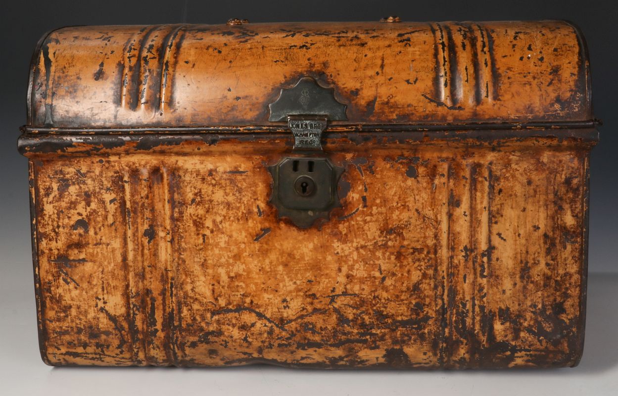 A JONES BROS 19TH CENT ENGLISH TOLE TRAVEL TRUNK