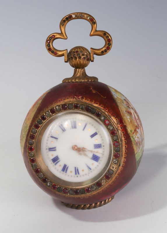 A 19TH C. JEWELED VIENNESE ENAMEL BALL SHAPE CLOCK