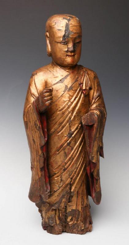 A 17TH / 18TH C. CHINESE GILT WOOD BUDDHIST MONK