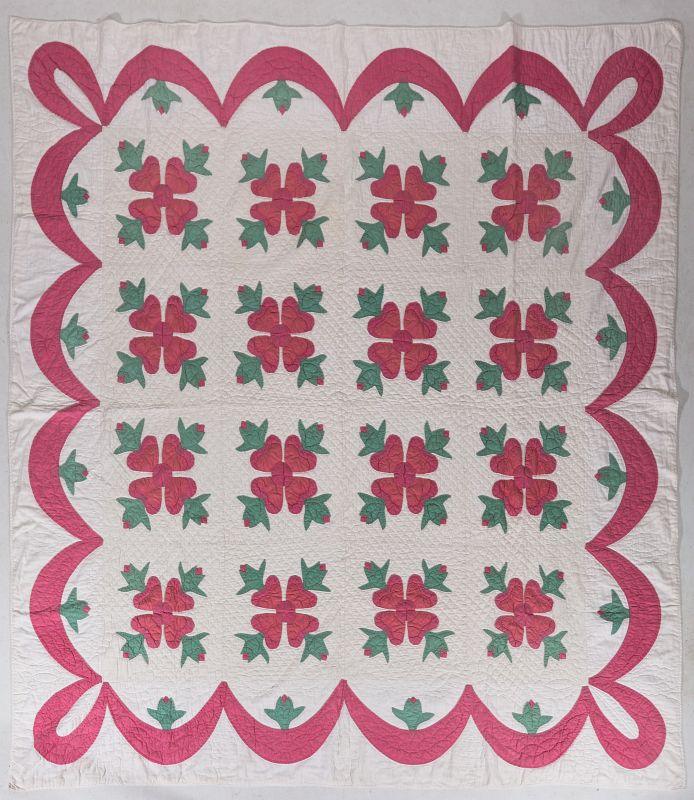 SEMI-ANTIQUE ROSE OF SHARON PATTERN APPLIQUE QUILT