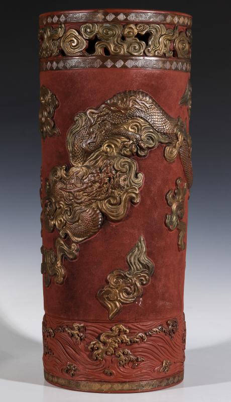 EARLY 20C. CHINESE GILT TERRA COTTA UMBRELLA STAND