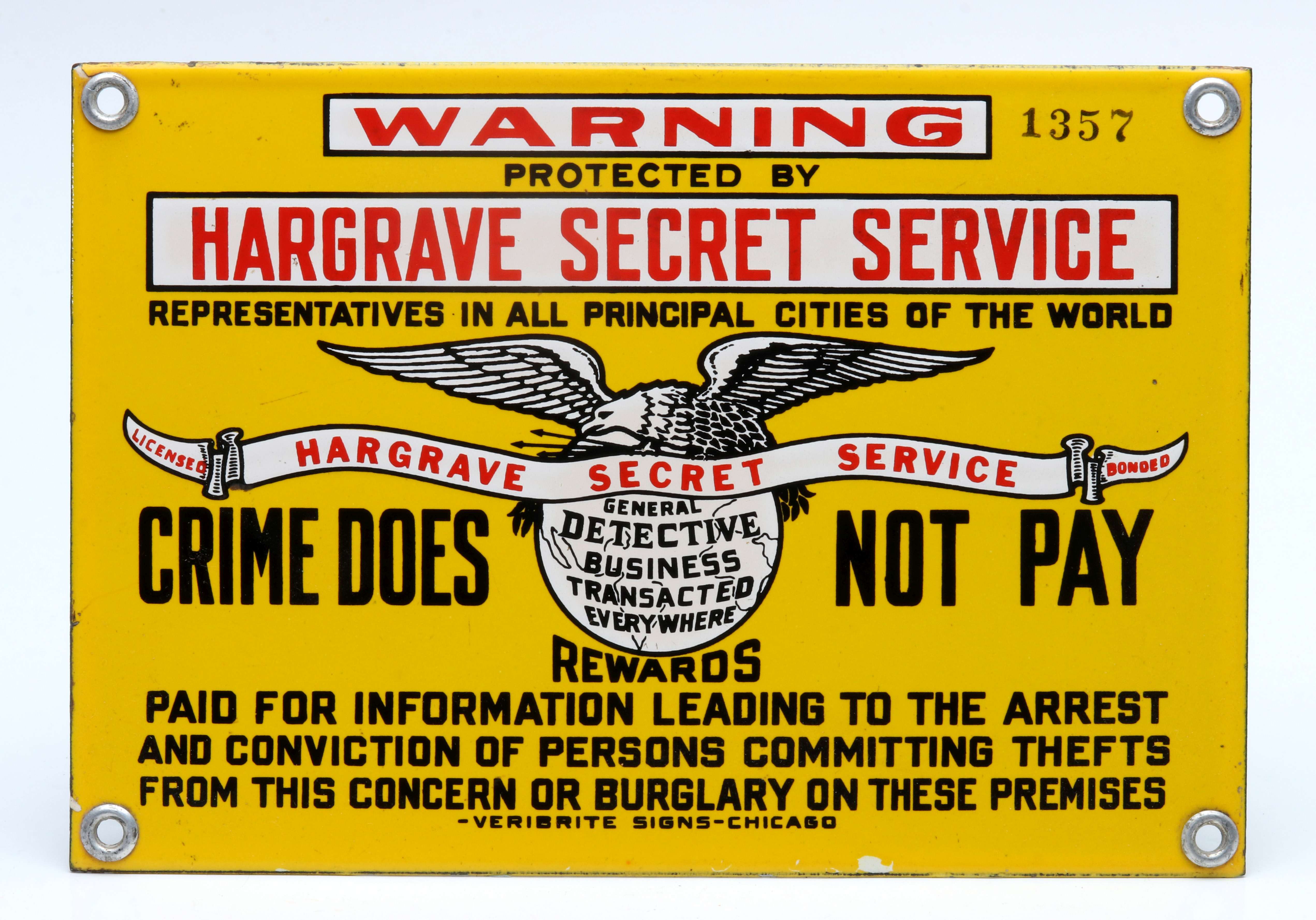 PORCELAIN ENAMEL SIGN FOR HARGRAVE SECRET SERVICE