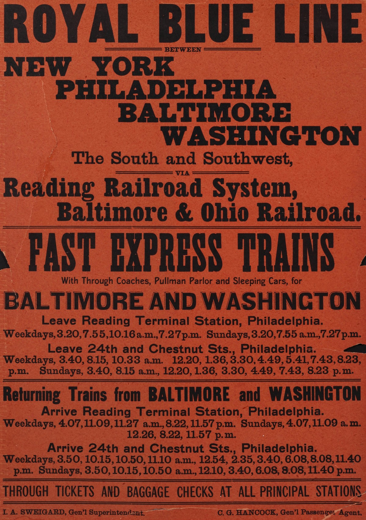 AN 1895 BROADSIDE FOR THE ROYAL BLUE LINE ON B&O LINE