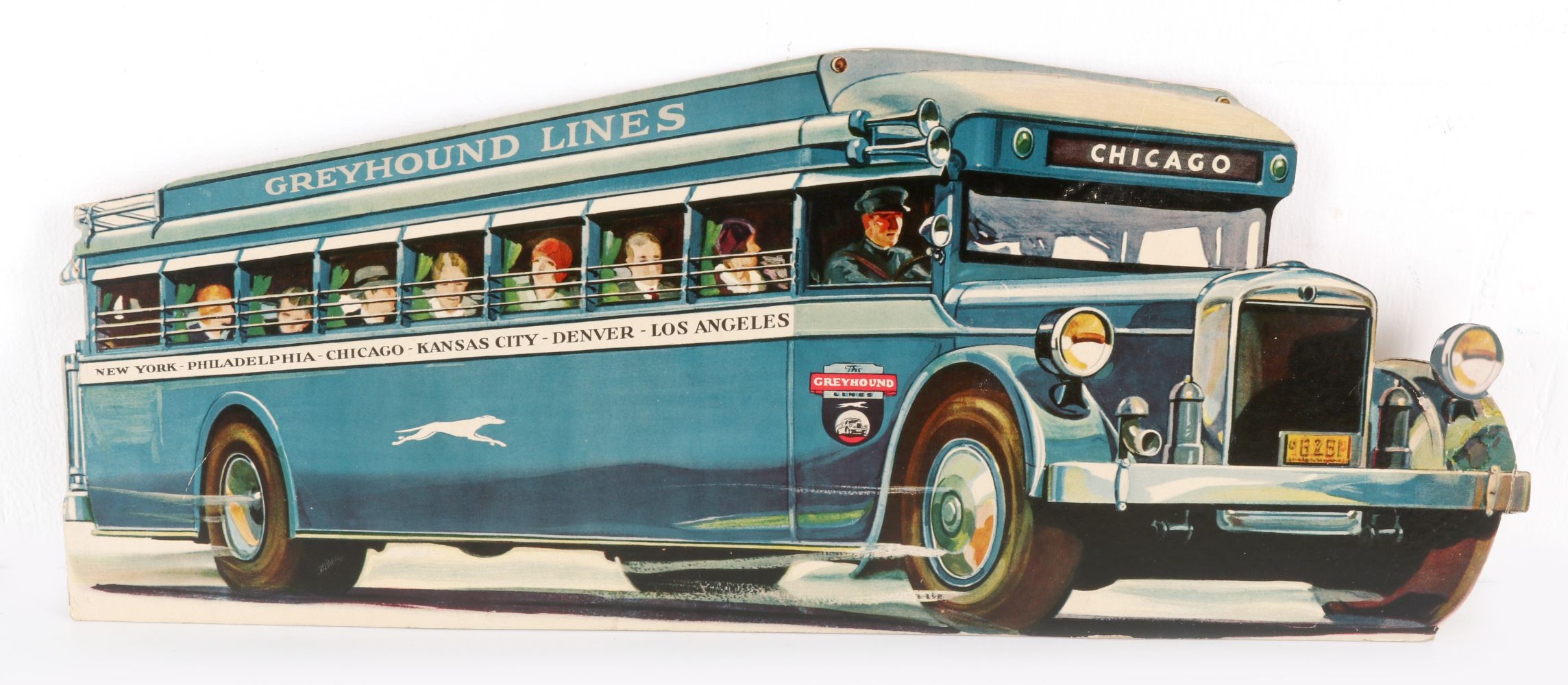 A GREYHOUND BUS LINES DIE CUT ADVERTISING SIGN C. 1930