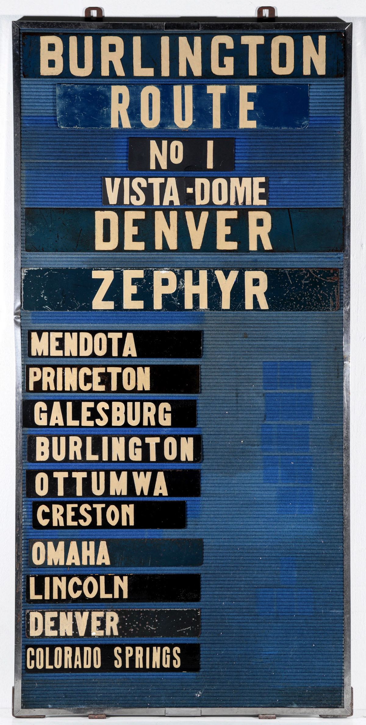 A GOOD BURLINGTON ROUTE GATE SIGN FOR THE DENVER ZEPHYR