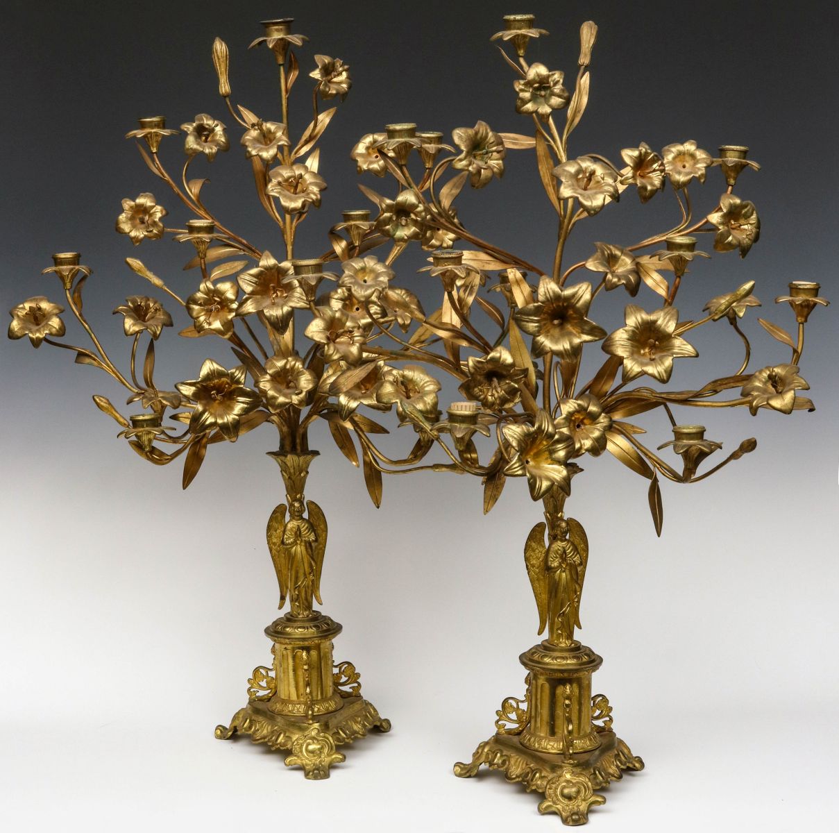 PAIR 19C FRENCH GILT BRONZE ECCLESIASTICAL CANDELABRUM