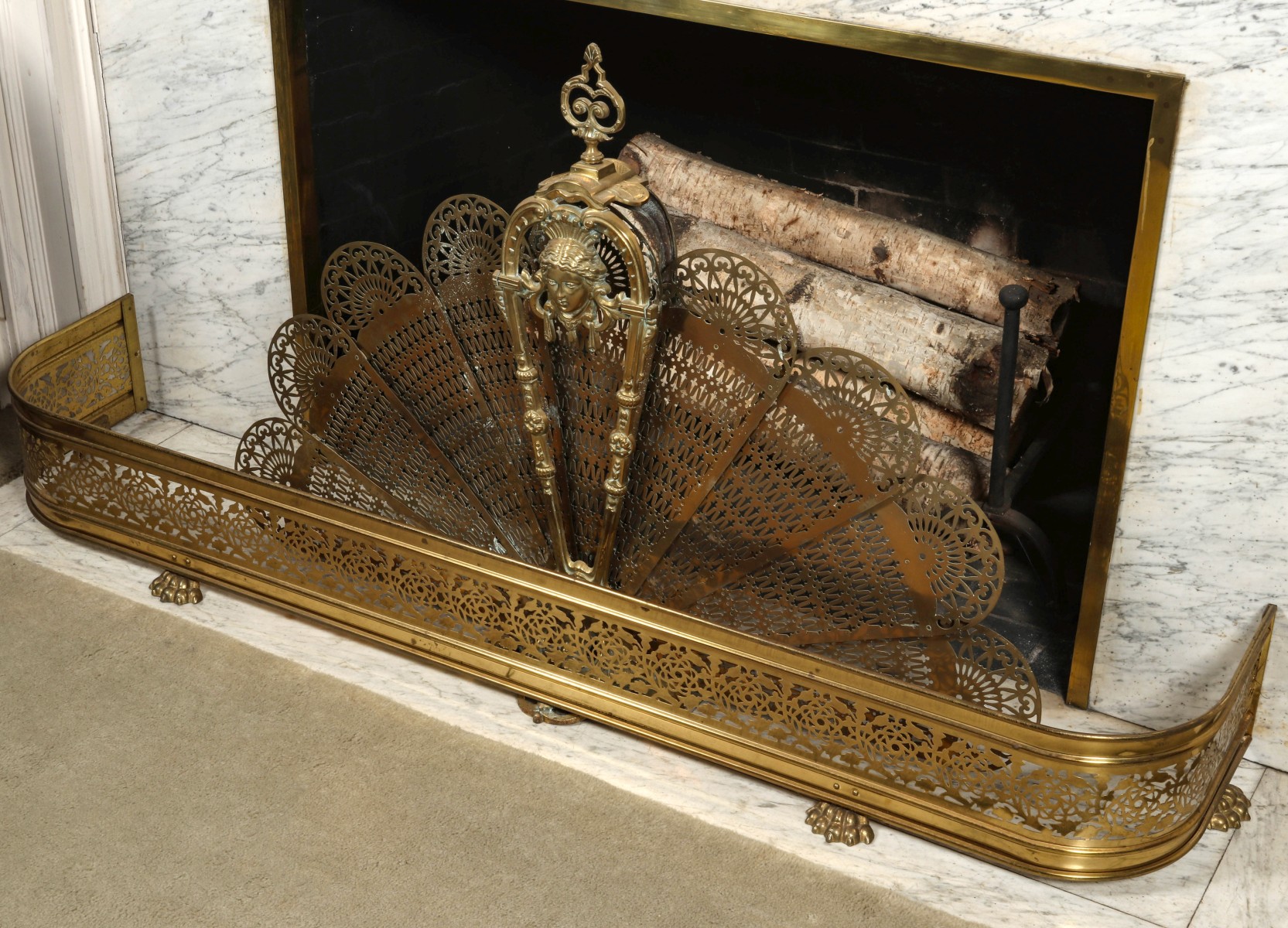 MODERN BRASS FIRE SCREEN AND SEMI-ANTIQUE FENDER