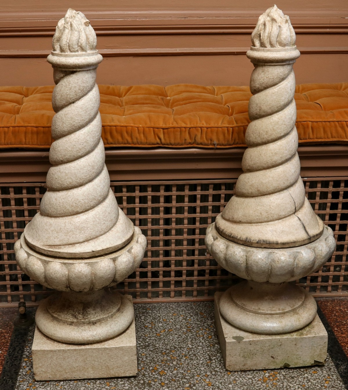 A PAIR FLAMING URN TERRA COTTA ARCHITECTURAL FINIALS