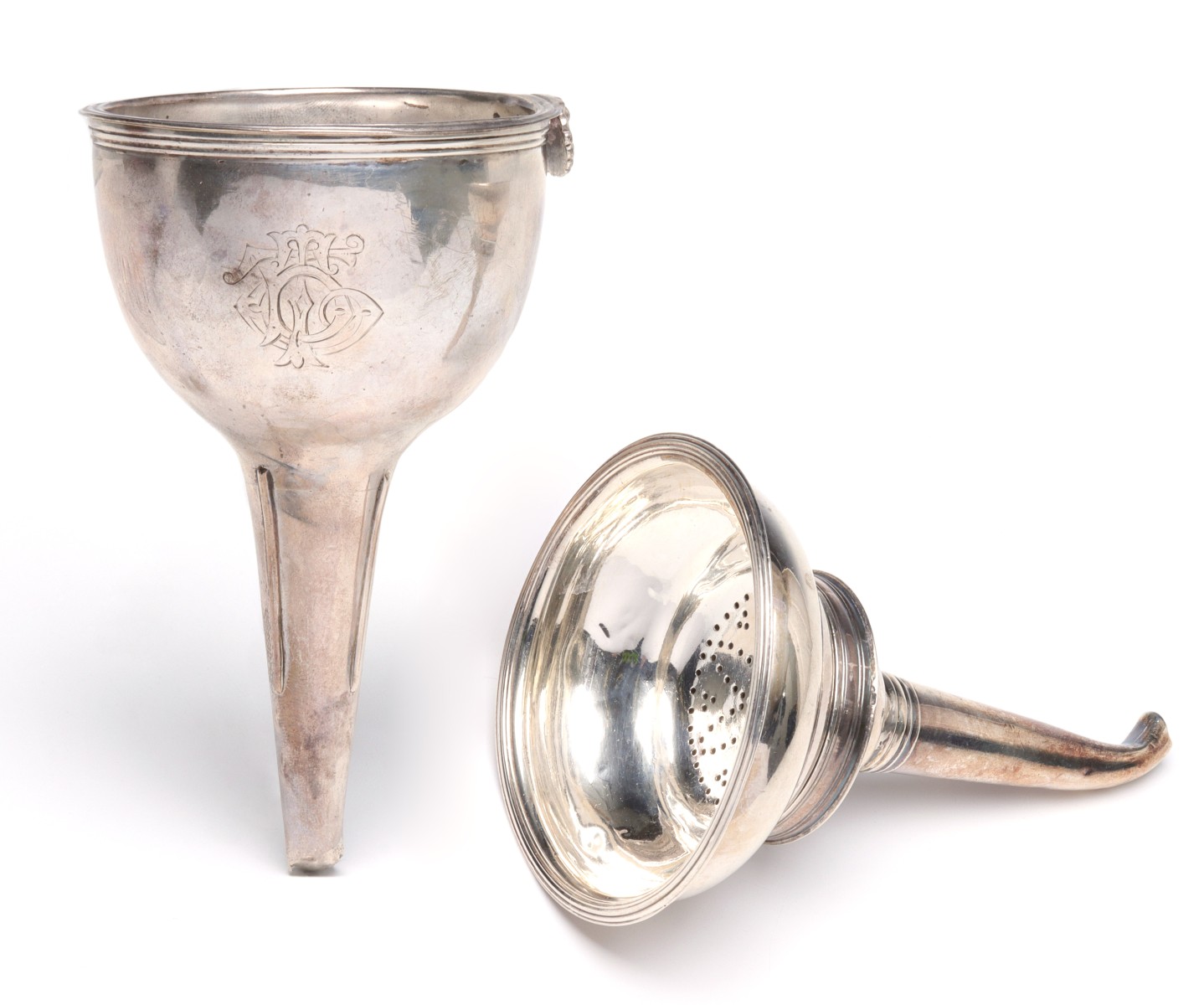 TWO GEORGIAN LONDON STERLING SILVER WINE FUNNELS