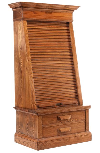 An Oak Roll‑Front Ticket Cabinet