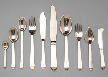 A Large Set Georg Jensen Pyramid Pattern Sterling Flatware