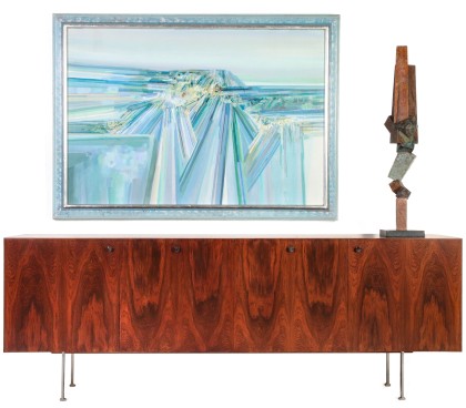 (i) Poul Norreklit Danish Rosewood Credenza for Georg Petersens, Circa 1969(ii) Jerry McKeehan Oil on Canvas,(iii) Bruce Beasley, Bronze Sculpture