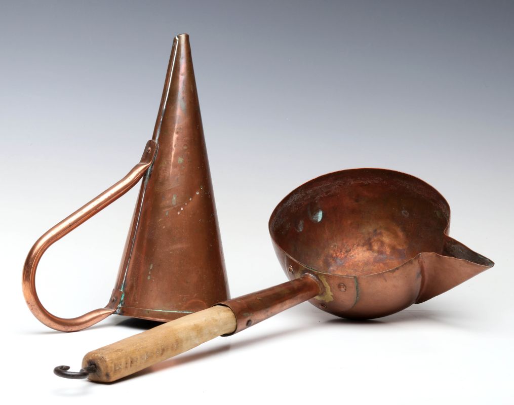 ANTIQUE COPPER DIPPER AND CONE FORM UTENSIL