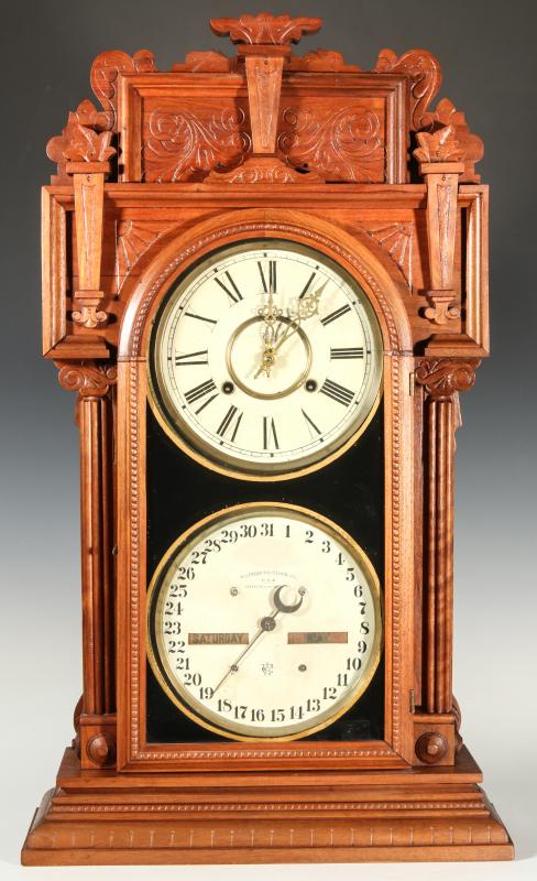 WATERBURY NO. 43 WALNUT DOUBLE DIAL CALENDAR CLOCK