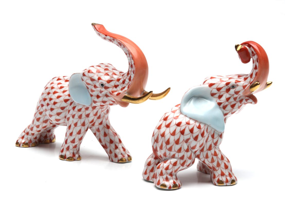 TWO HEREND PORCELAIN FISHNET ELEPHANT FIGURES