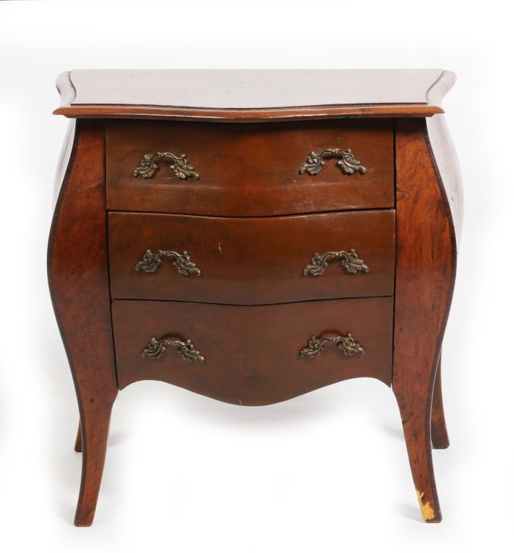 A MINIATURE THREE DRAWER BOMBÃ‰ COMMODE