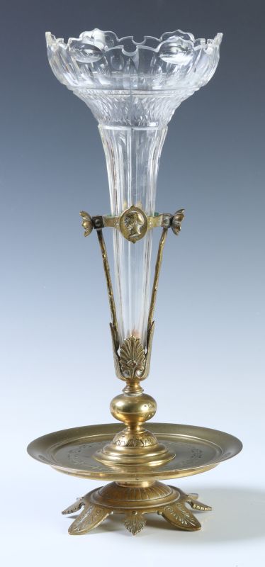  CLASSICAL MOTIF CUT CRYSTAL AND BRASS EPERGNE