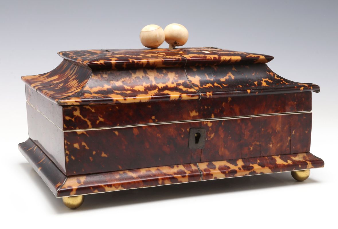 A 19TH CENTURY TORTOISE VENEER SEWING BOX