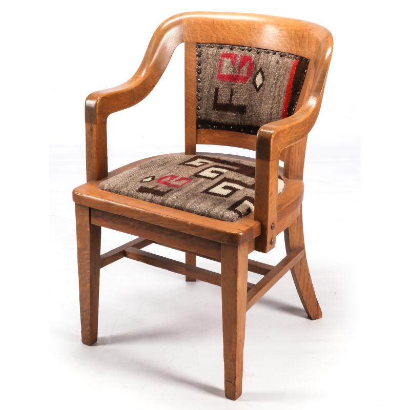 C. 1900 OAK CHAIR UPHOLSTERED IN NAVAJO WEAVING