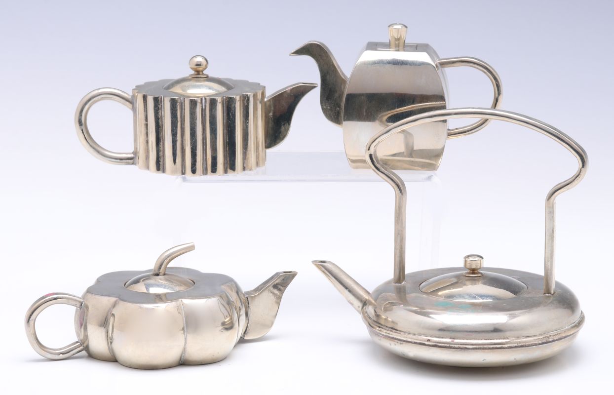 FOUR CHINESE NICKEL SILVER YIXING INSPIRED TEAPOTS