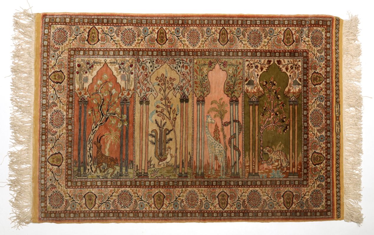 A LATE 20TH CENTURY SILK FOUR NICHE PRAYER RUG 