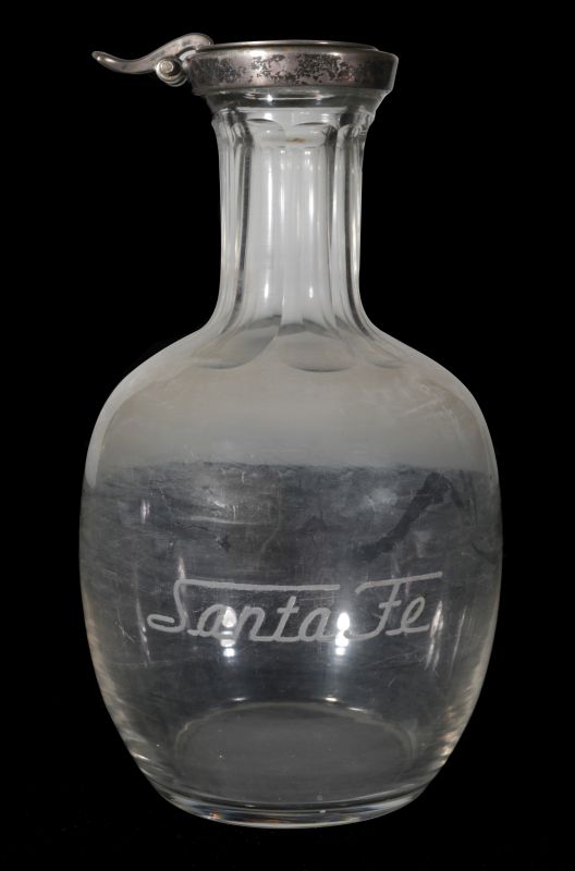 SANTA FE RR ETCHED CARAFE WITH SILVER PLATE COVER 