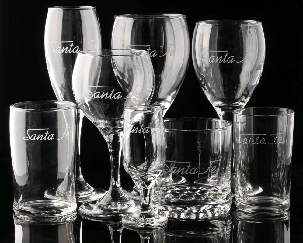 AT&SF SANTA FE ETCHED SCRIPT GLASSWARE