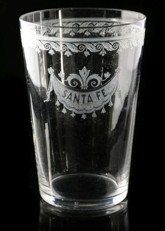 A SCARCE SANTA FE RR ETCHED DRAPE GLASS TUMBLER