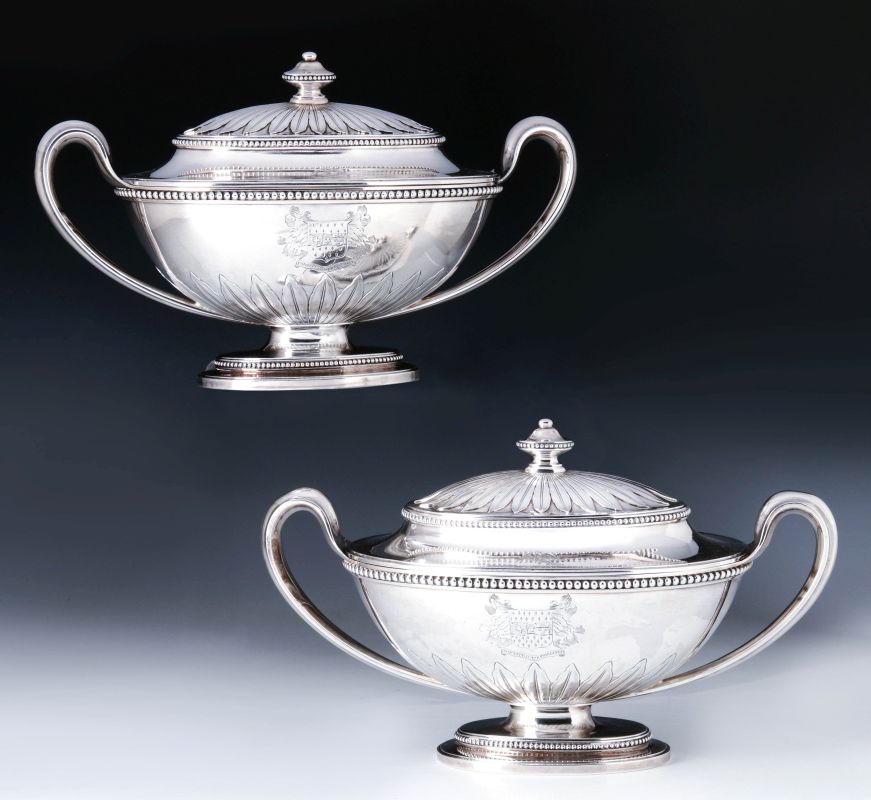 A PAIR GEORGE III STERLING SILVER SAUCE TUREENS