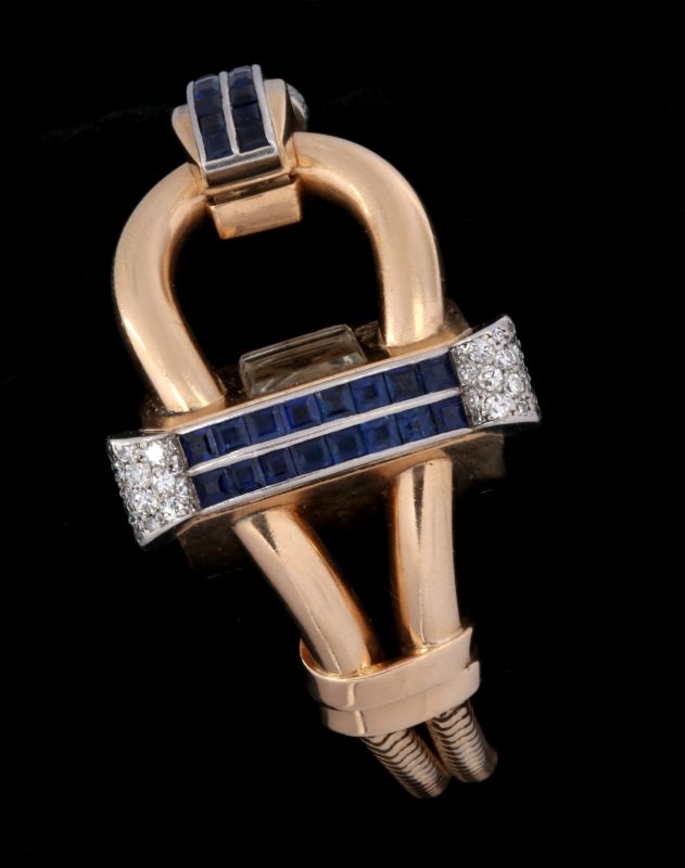 ART DECO 14K DIAMOND AND SAPPHIRE BRACELET WATCH 