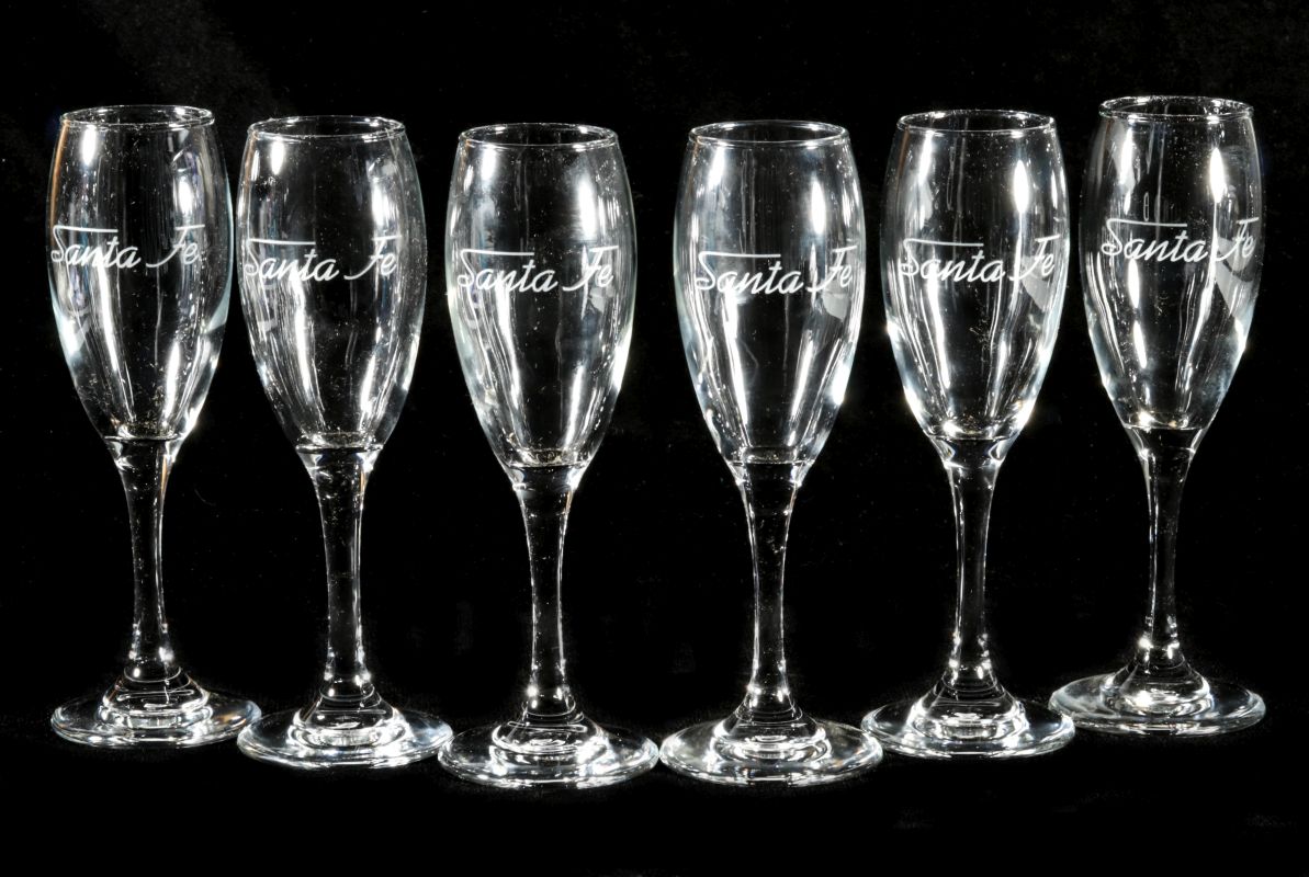 SIX AT&SF SANTA FE RR ETCHED LOGO CHAMPAGNE FLUTES