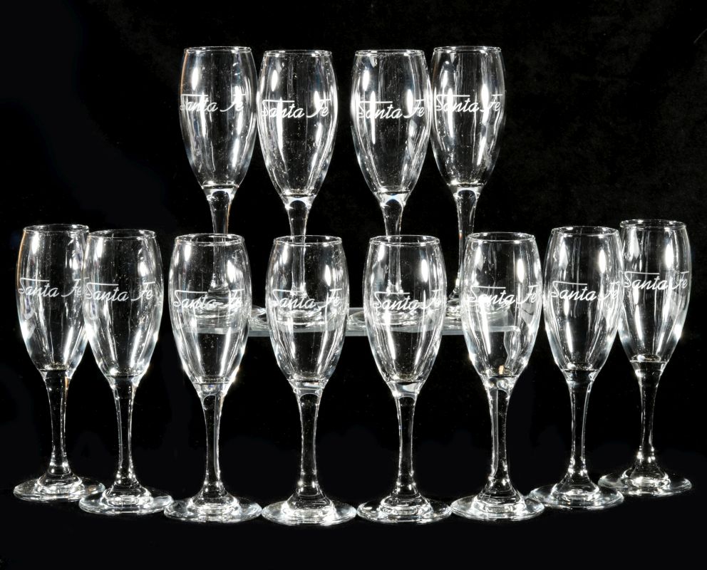 TWELVE AT&SF SANTA FE ETCHED LOGO CHAMPAGNE FLUTES