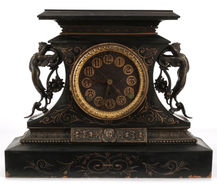 AN ANSONIA 'ROSALIND' ENAMELED IRON MANTLE CLOCK