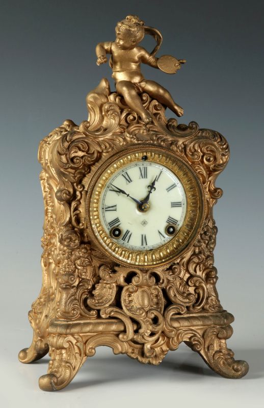 AN ANSONIA 'CREST' SPELTER MANTEL CLOCK