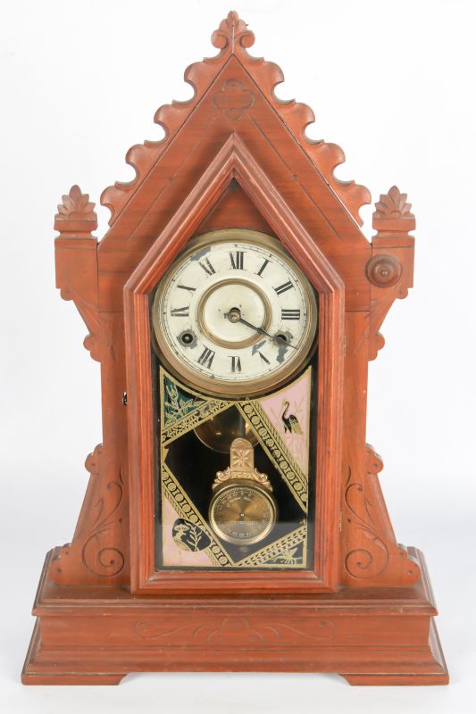 A NEW HAVEN 'CLYDE' FANCY WALNUT PARLOR CLOCK