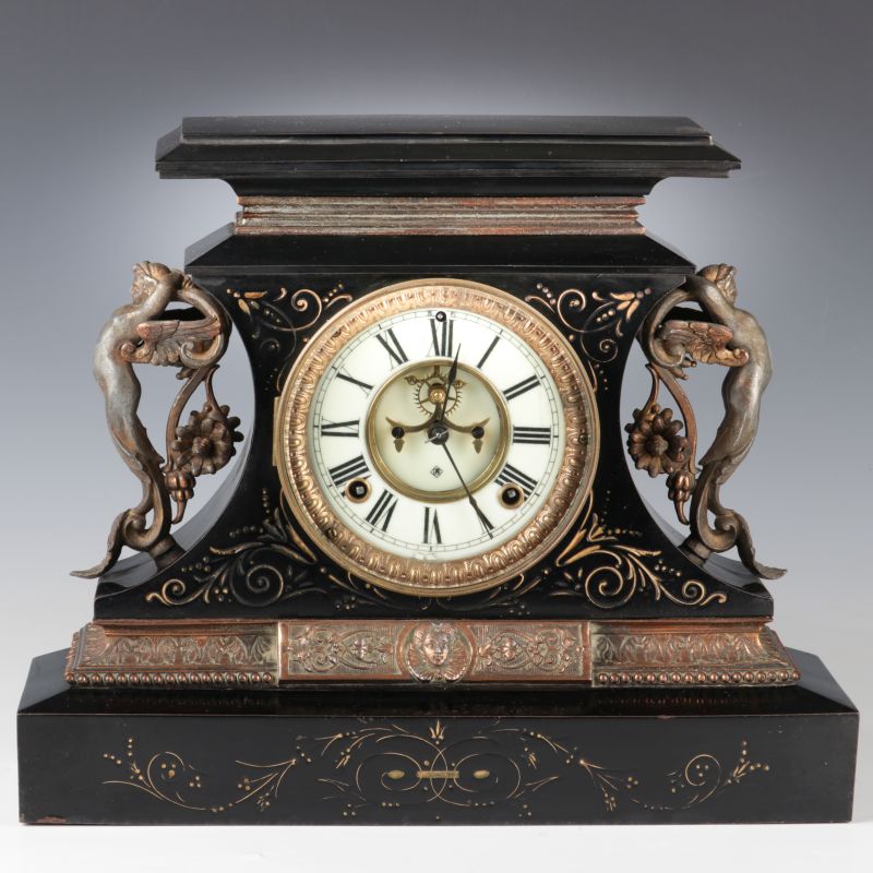 AN ANSONIA 'ROSALIND' ENAMELED IRON MANTLE CLOCK