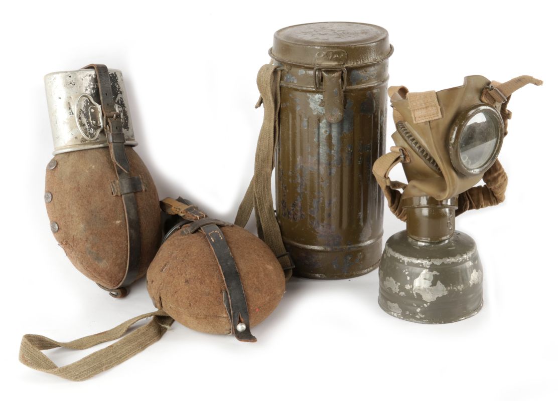 WWII GERMAN FIELD GEAR LOT -CANTEENS, GAS MASK