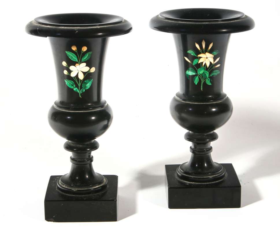 A PAIR 19TH CENTURY PIETRA DURA INLAID SLATE URNS 