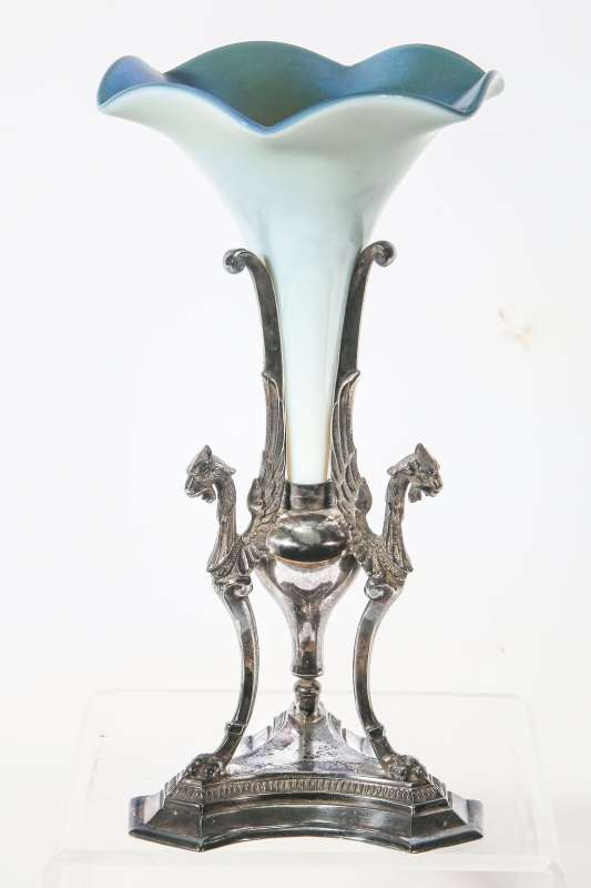 STEUBEN BLUE AURENE TRUMPET IN SILVER PLATED STAND