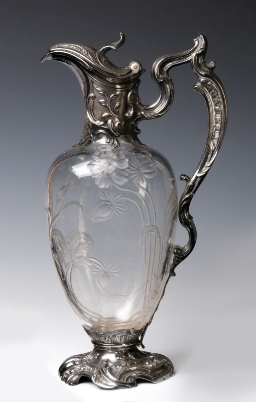 A FINE BACCARAT CRYSTAL CLARET JUG IN METAL MOUNTS